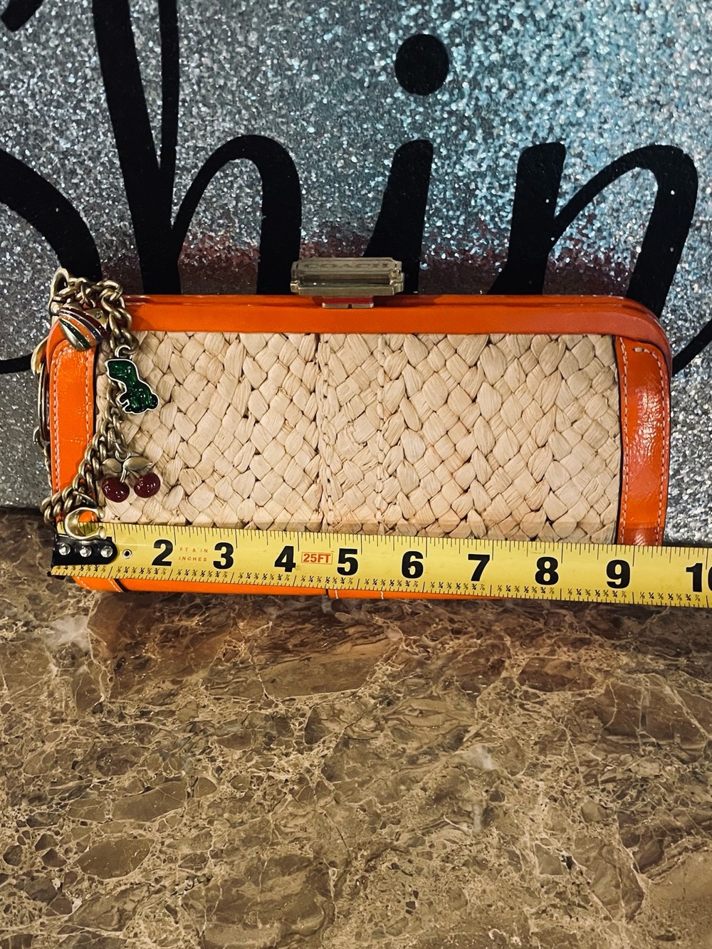 COACH Vintage Orange Straw Leather Minaudière Clutch WITH Motif Chain Bag Charm - Picture 16 of 17